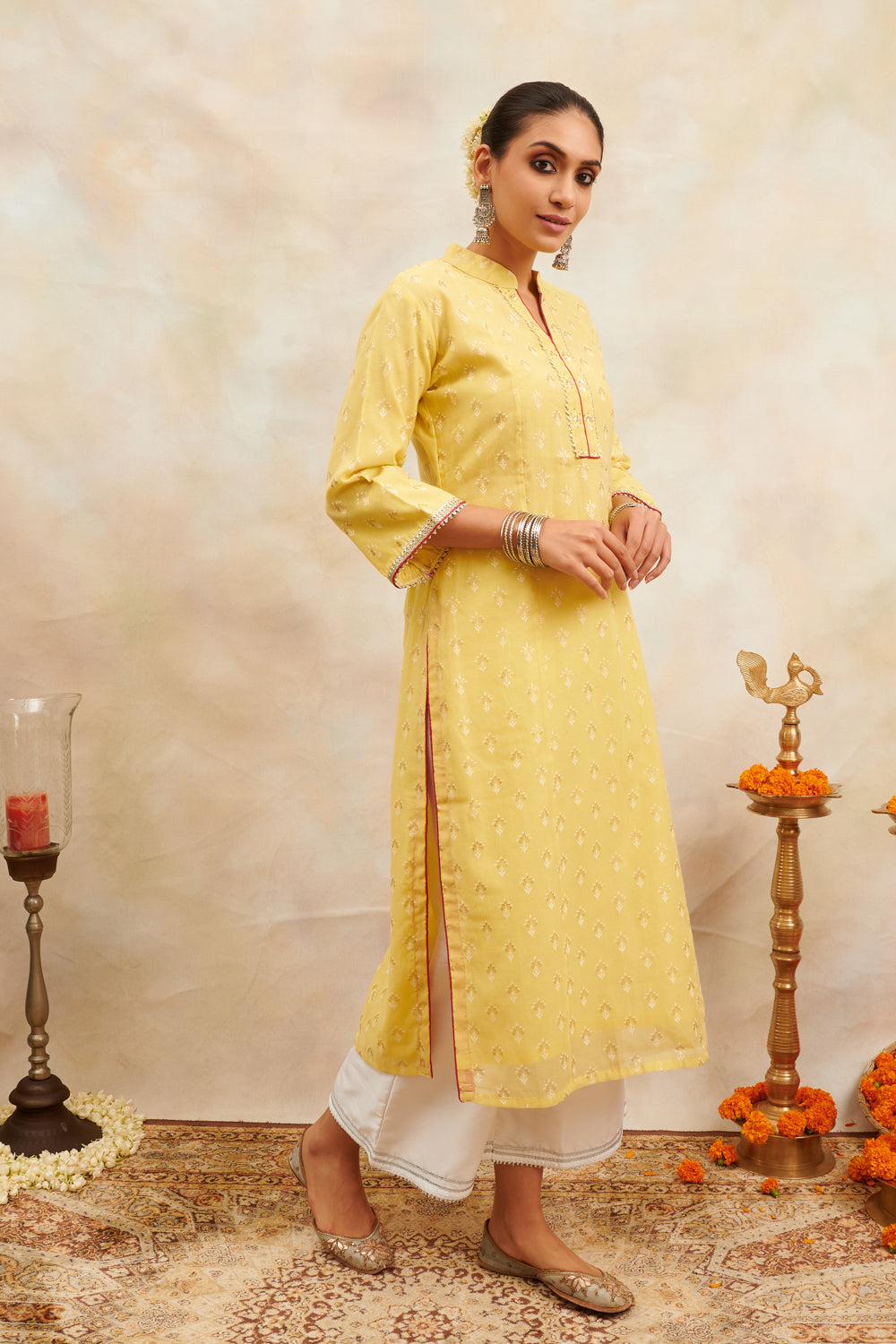 Yellow Khari Printed Chanderi Silk Kurta