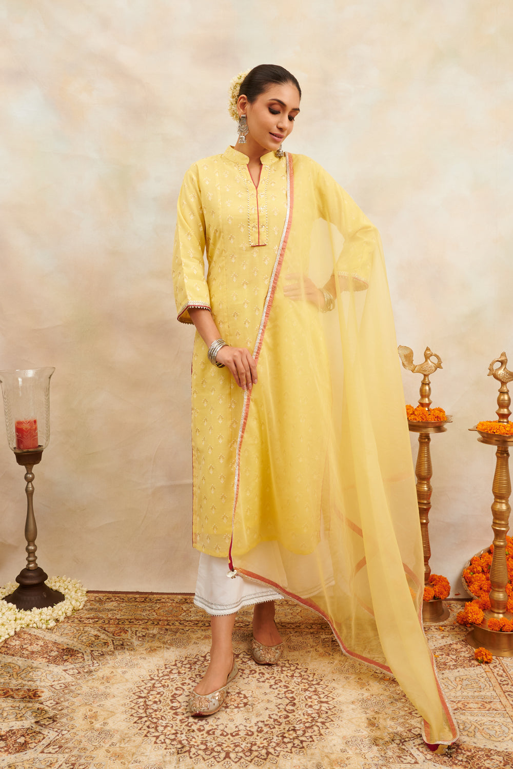 Yellow Khari Printed Chanderi Silk Kurta