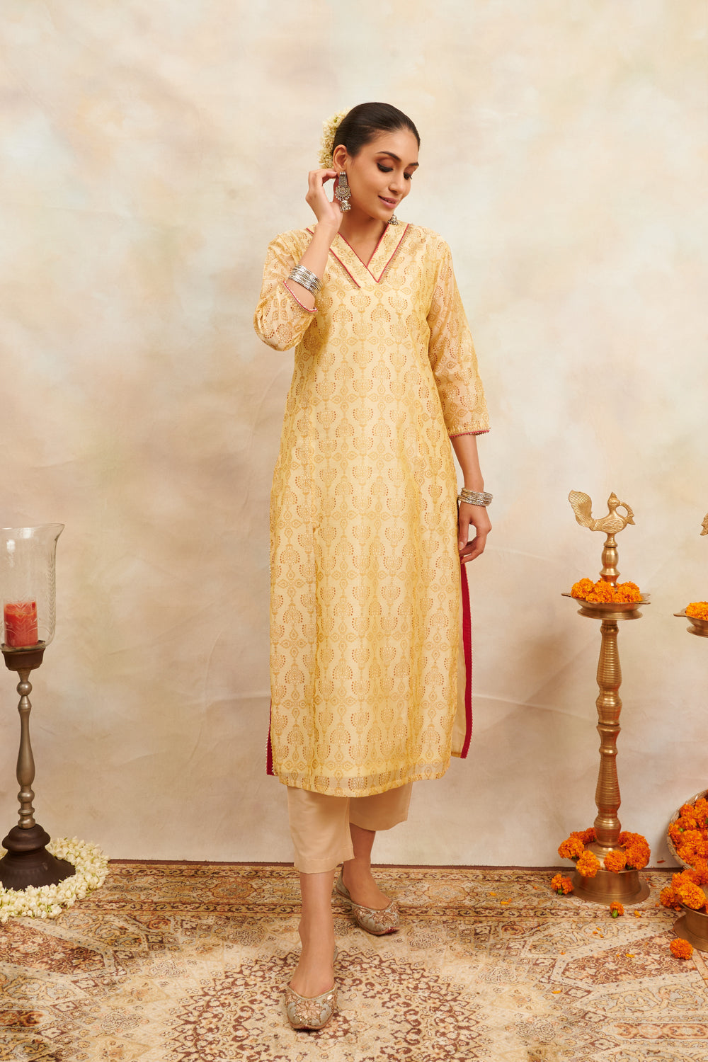 Yellow Khari Printed Chanderi Silk Kurta