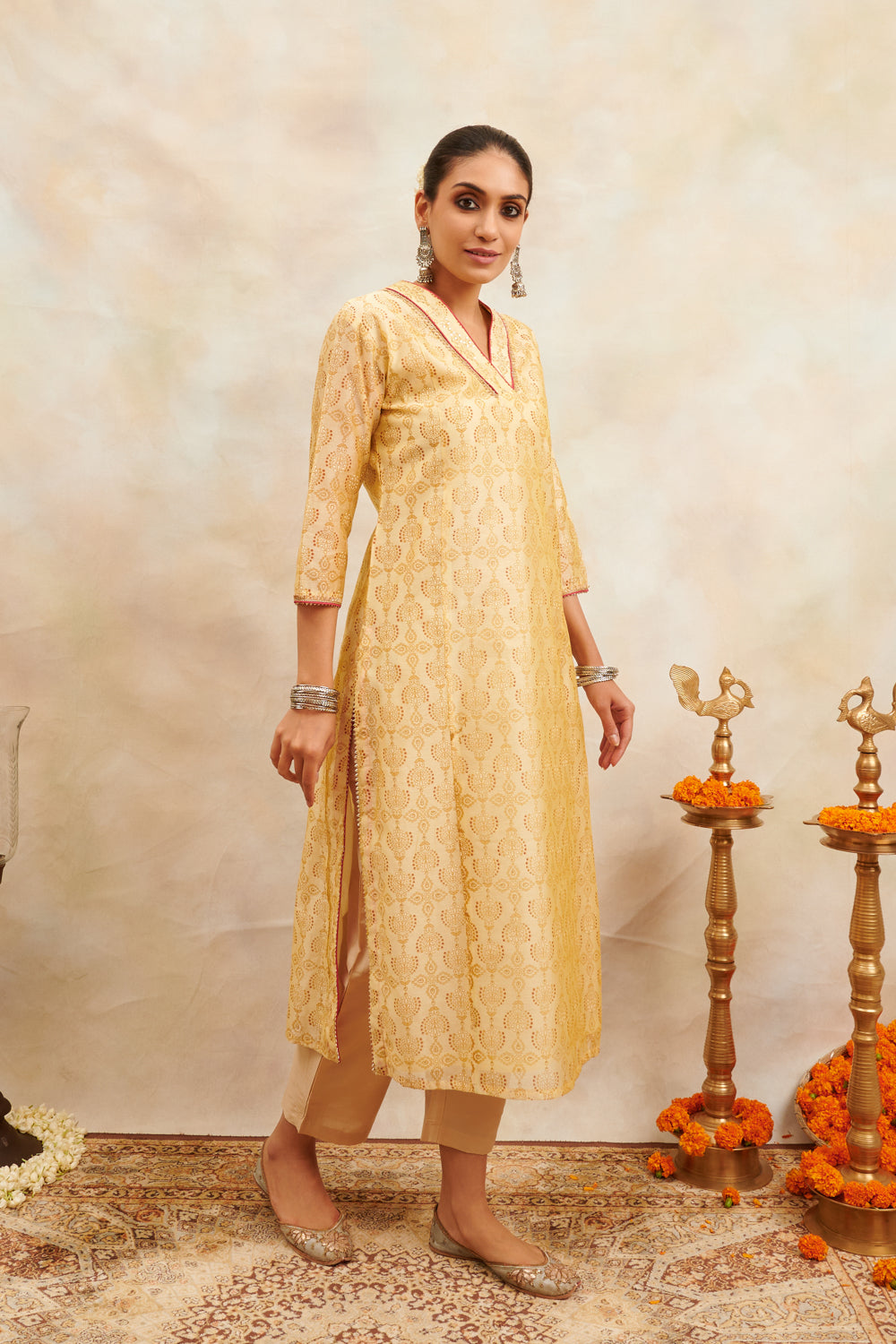 Yellow Khari Printed Chanderi Silk Kurta