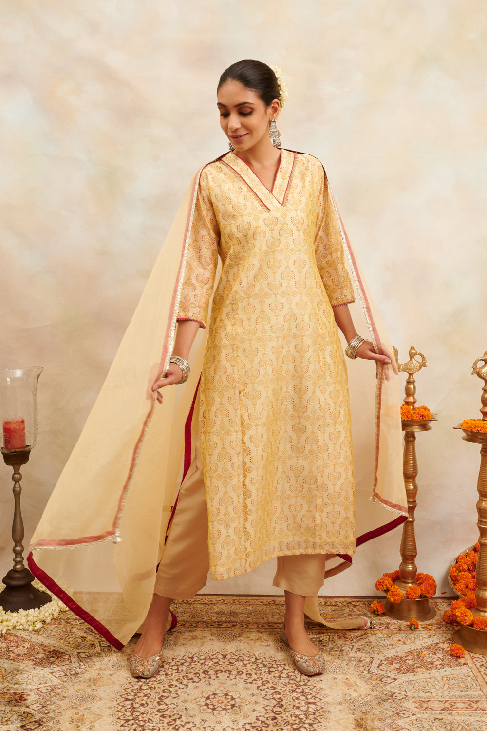 Yellow Khari Printed Chanderi Silk Kurta