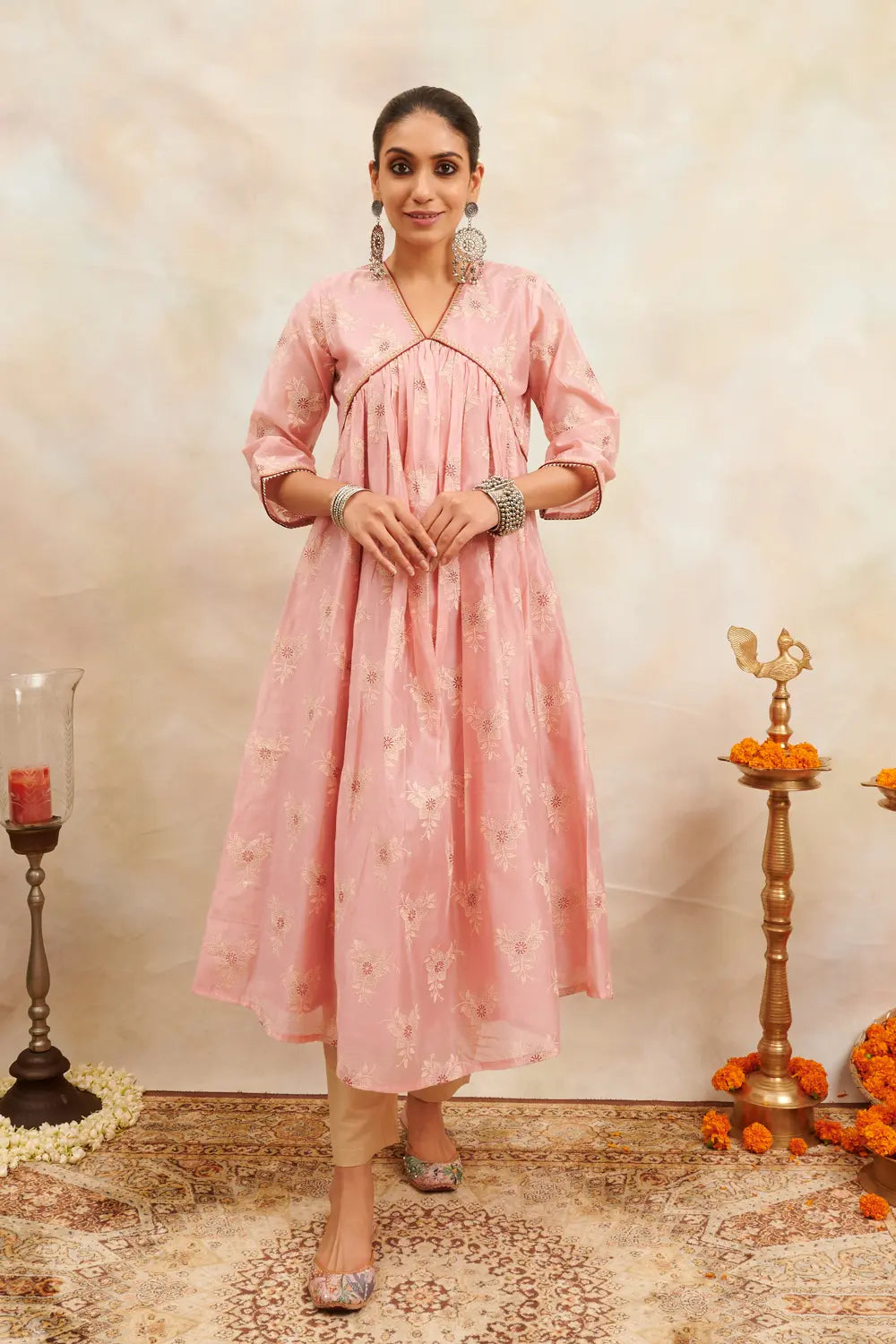 Peach/Pink Khari Printed Chanderi Silk 'A' Line Kurta