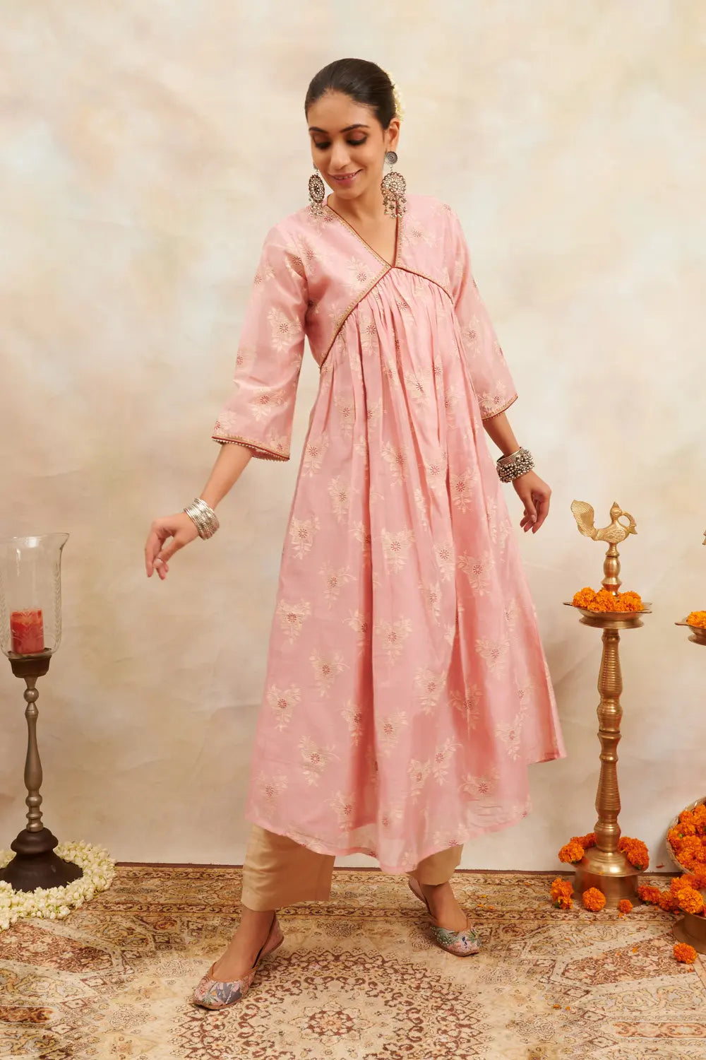 Peach/Pink Khari Printed Chanderi Silk 'A' Line Kurta