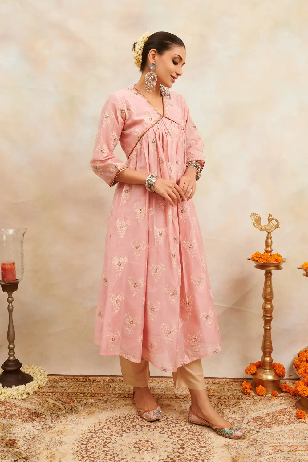 Peach/Pink Khari Printed Chanderi Silk 'A' Line Kurta