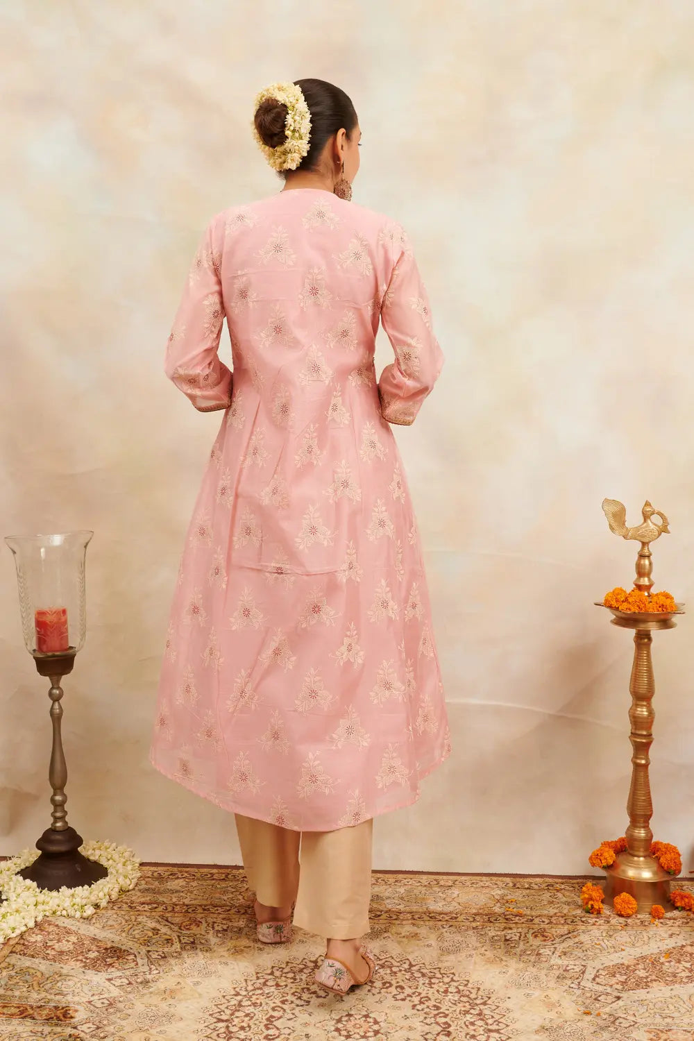 Peach/Pink Khari Printed Chanderi Silk 'A' Line Kurta