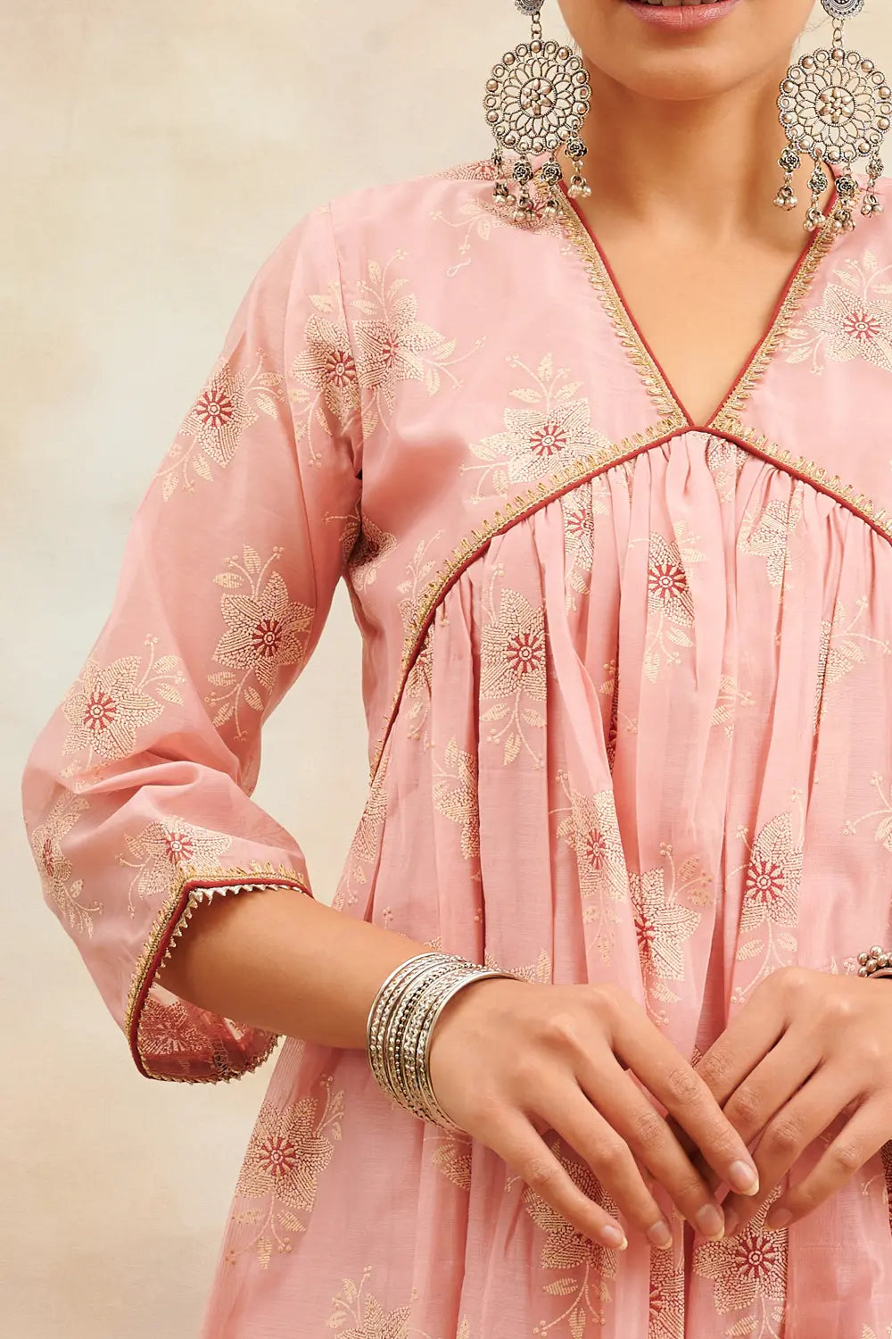 Peach/Pink Khari Printed Chanderi Silk 'A' Line Kurta