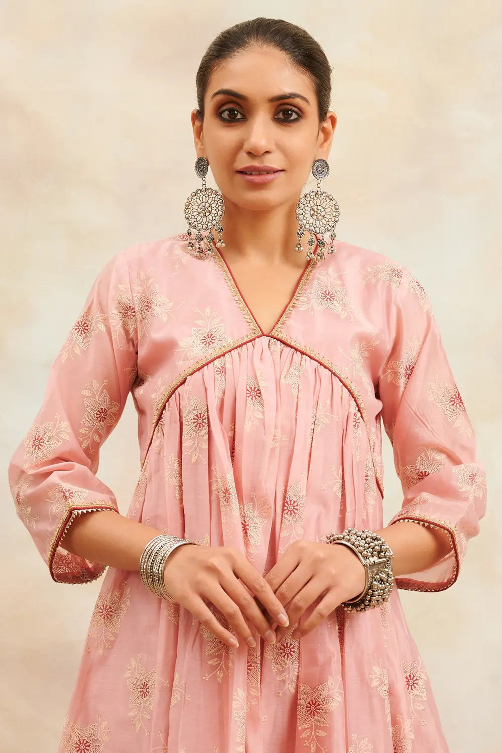 Peach/Pink Khari Printed Chanderi Silk 'A' Line Kurta