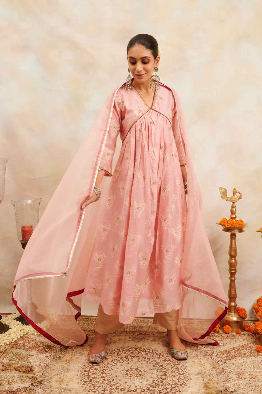 Peach/Pink Khari Printed Chanderi Silk 'A' Line Kurta