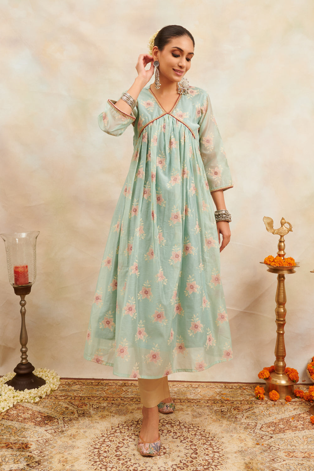 Blue Khari Printed Chanderi Silk 'A' Line Kurta