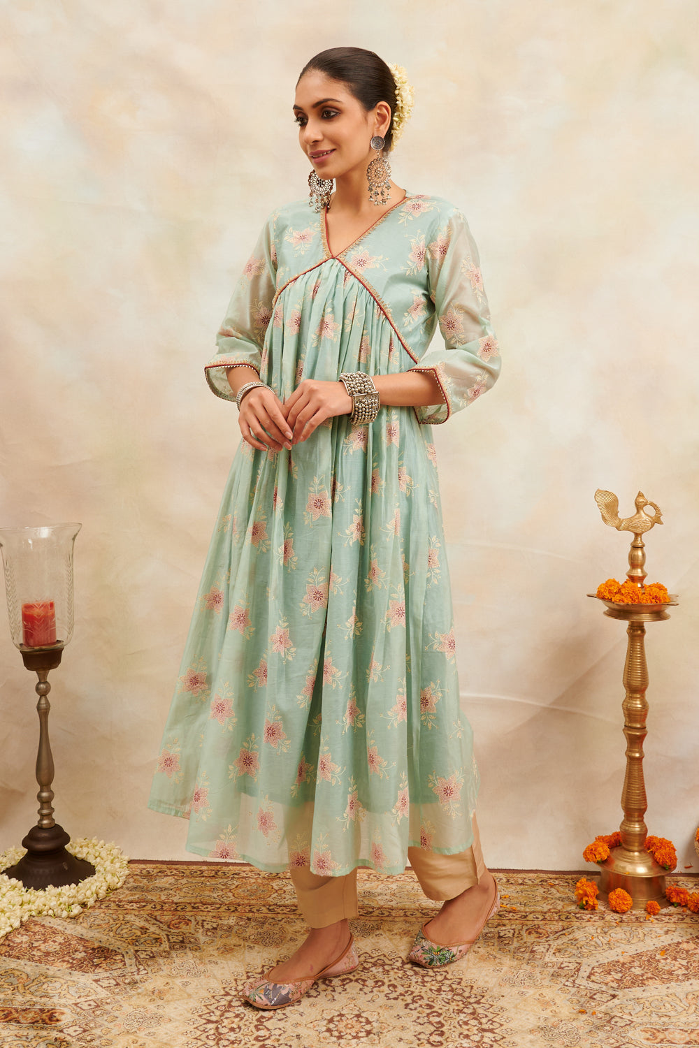 Blue Khari Printed Chanderi Silk 'A' Line Kurta