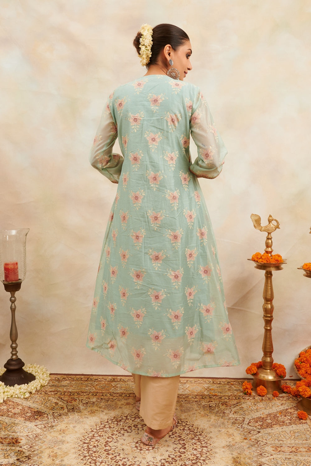 Blue Khari Printed Chanderi Silk 'A' Line Kurta