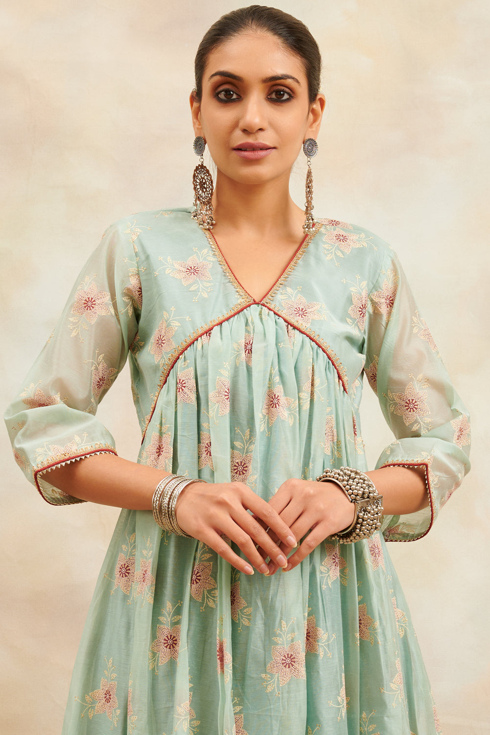 Blue Khari Printed Chanderi Silk 'A' Line Kurta