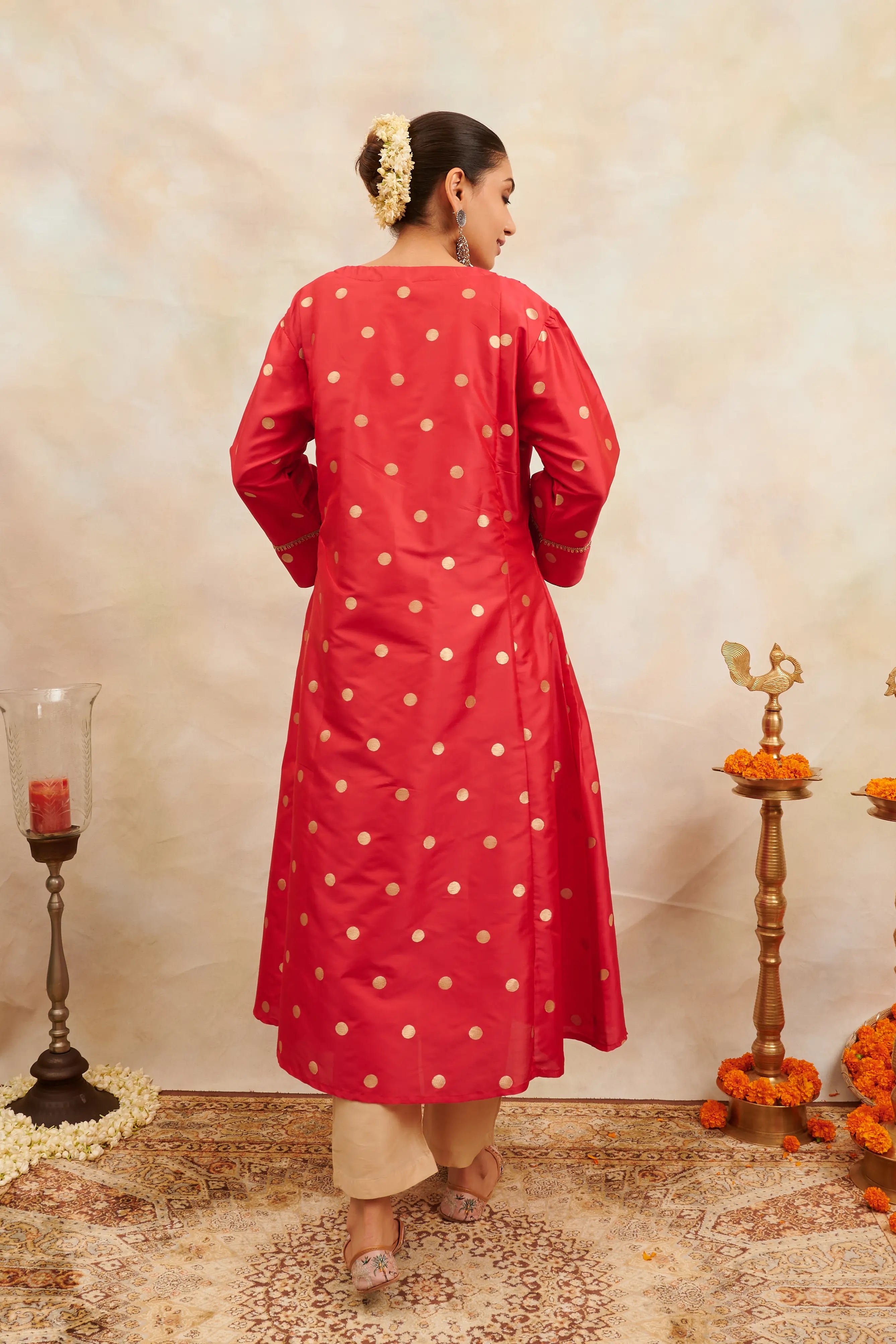 Red Gold Khari Printed Moonga Silk Angrakha Kurta