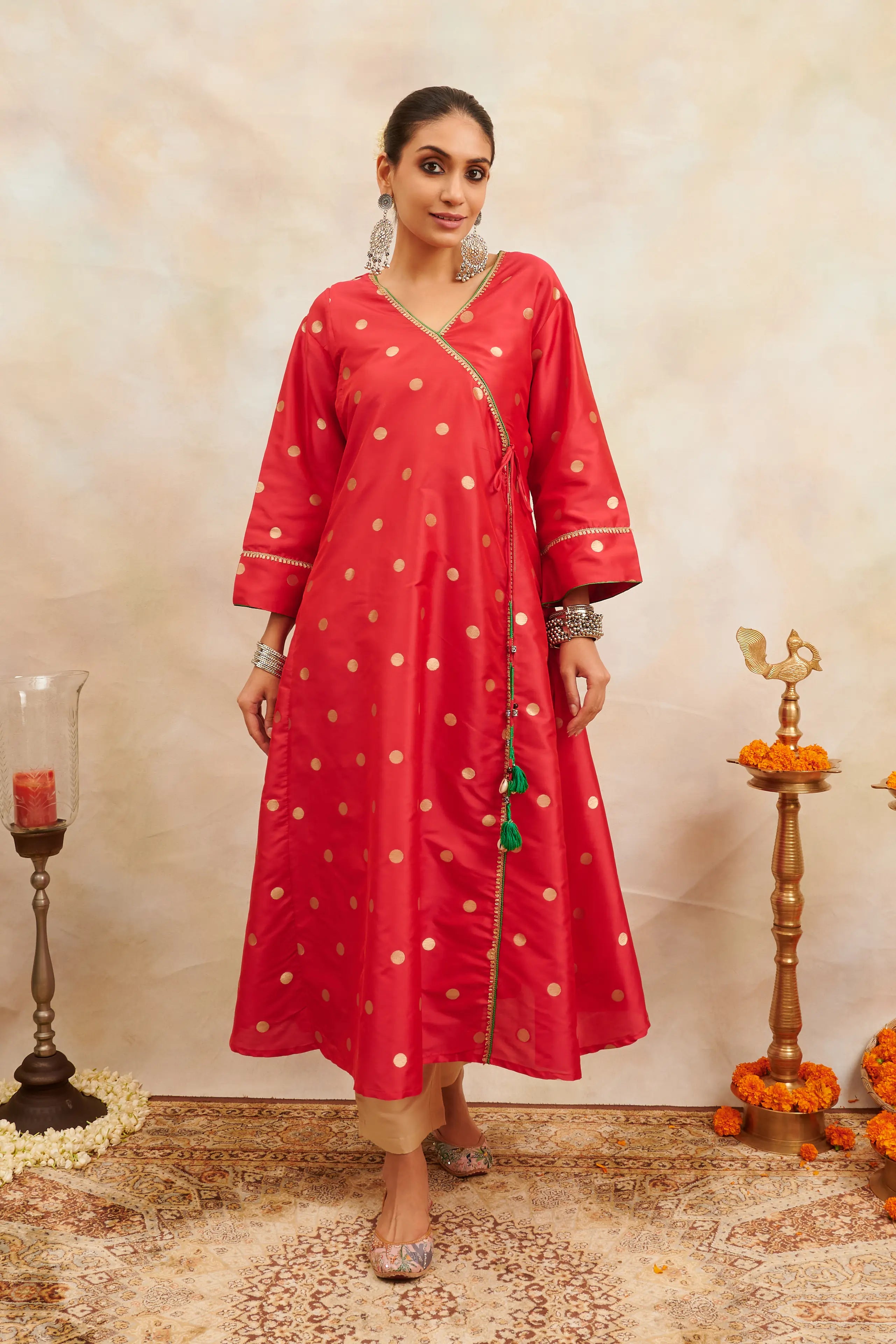 Red Gold Khari Printed Moonga Silk Angrakha Kurta