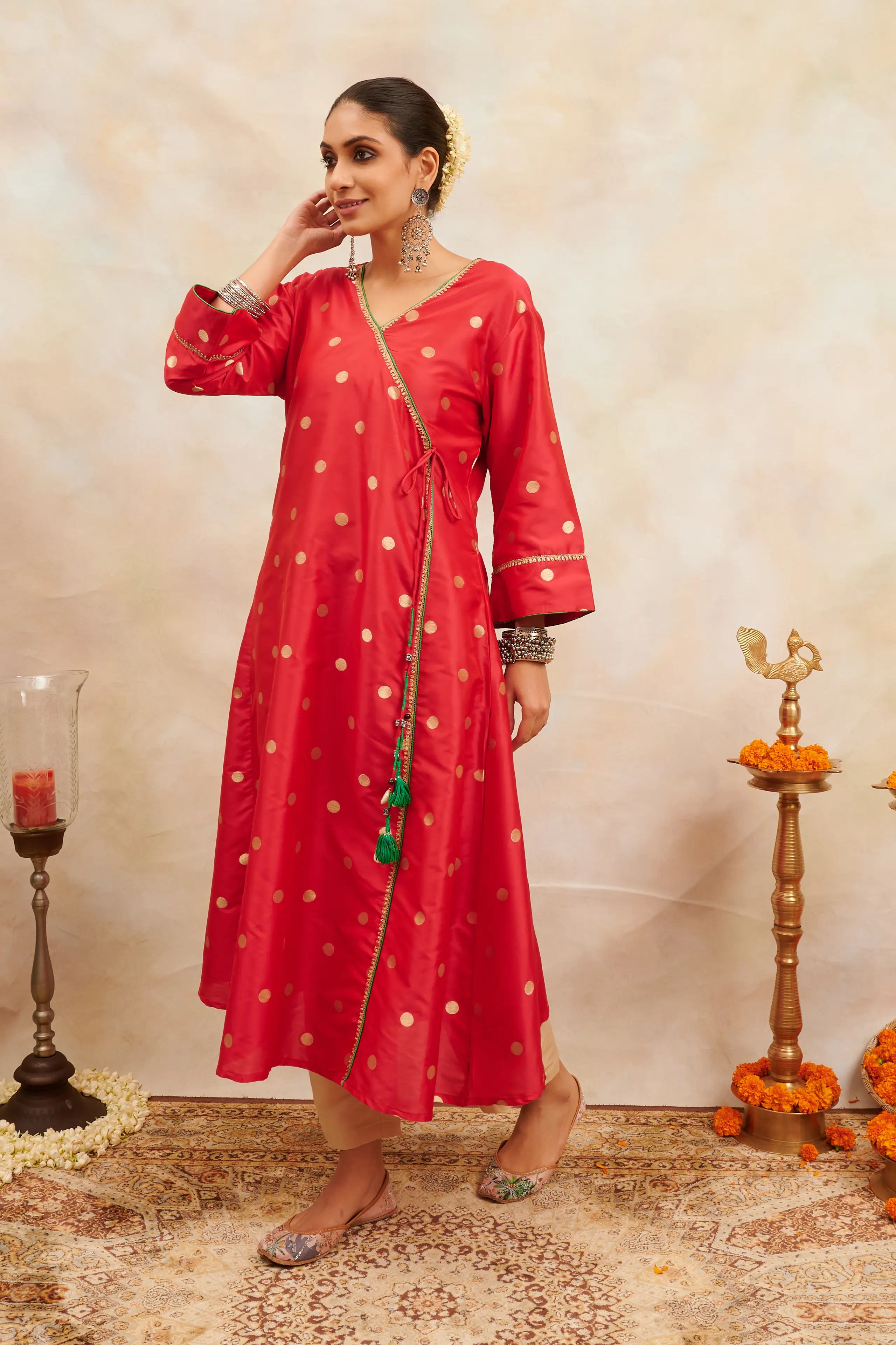 Red Gold Khari Printed Moonga Silk Angrakha Kurta