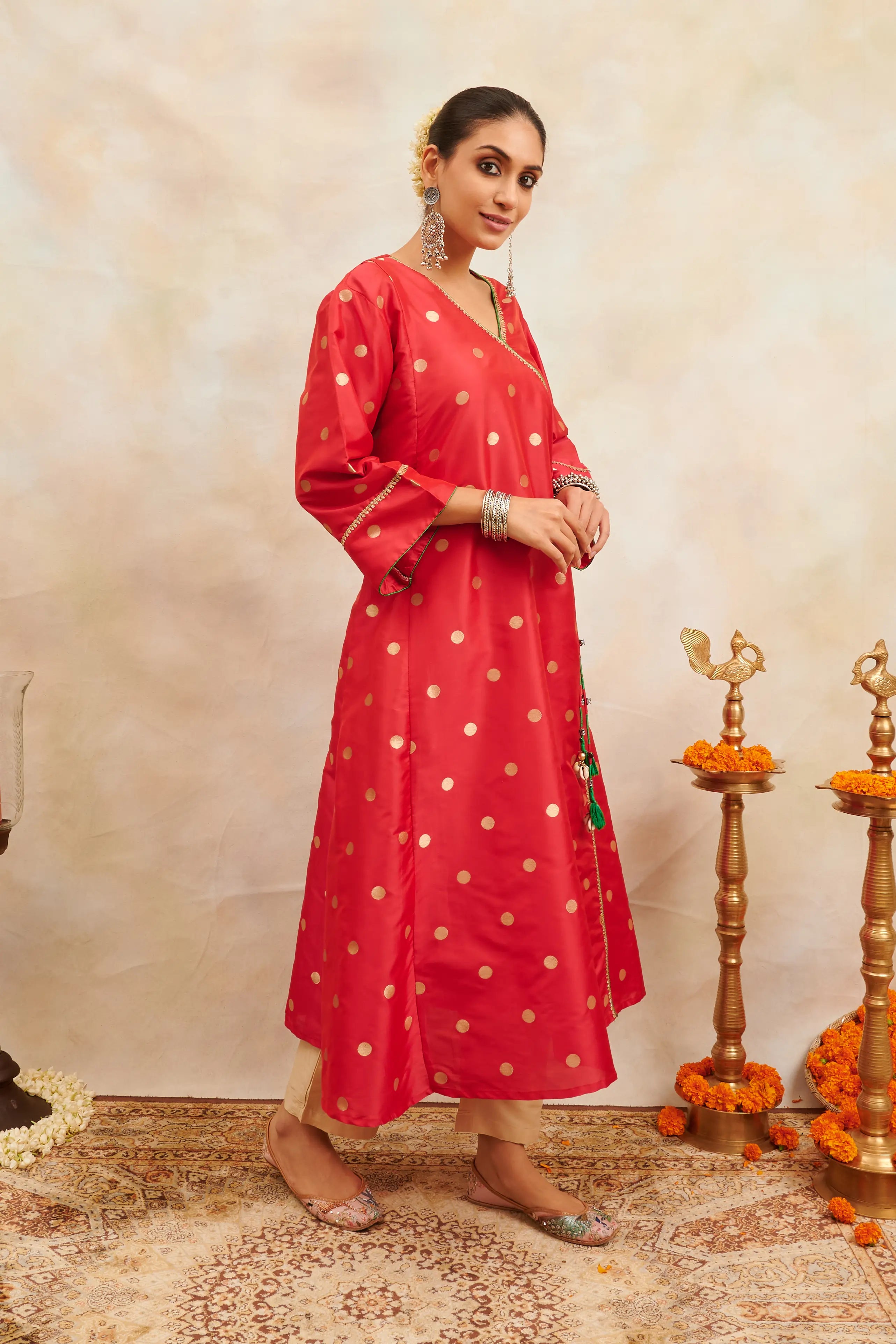 Red Gold Khari Printed Moonga Silk Angrakha Kurta