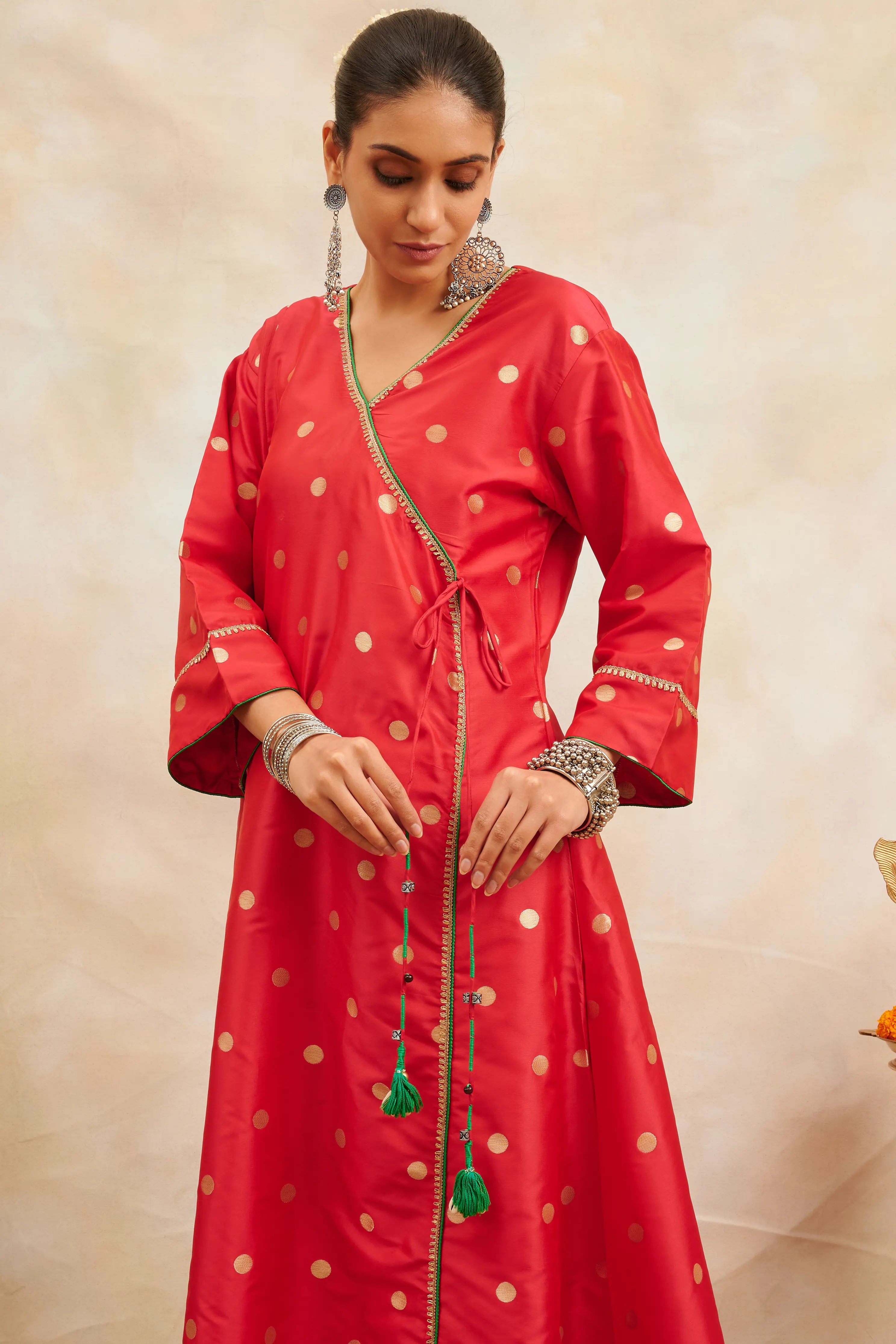 Red Gold Khari Printed Moonga Silk Angrakha Kurta