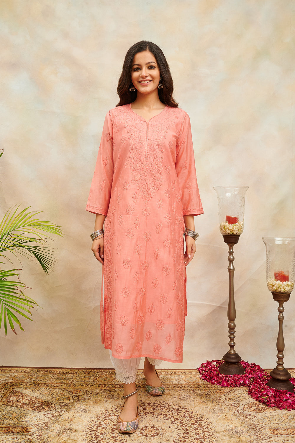 Rust Chikankari Chanderi Silk Designer Kurta with Slip