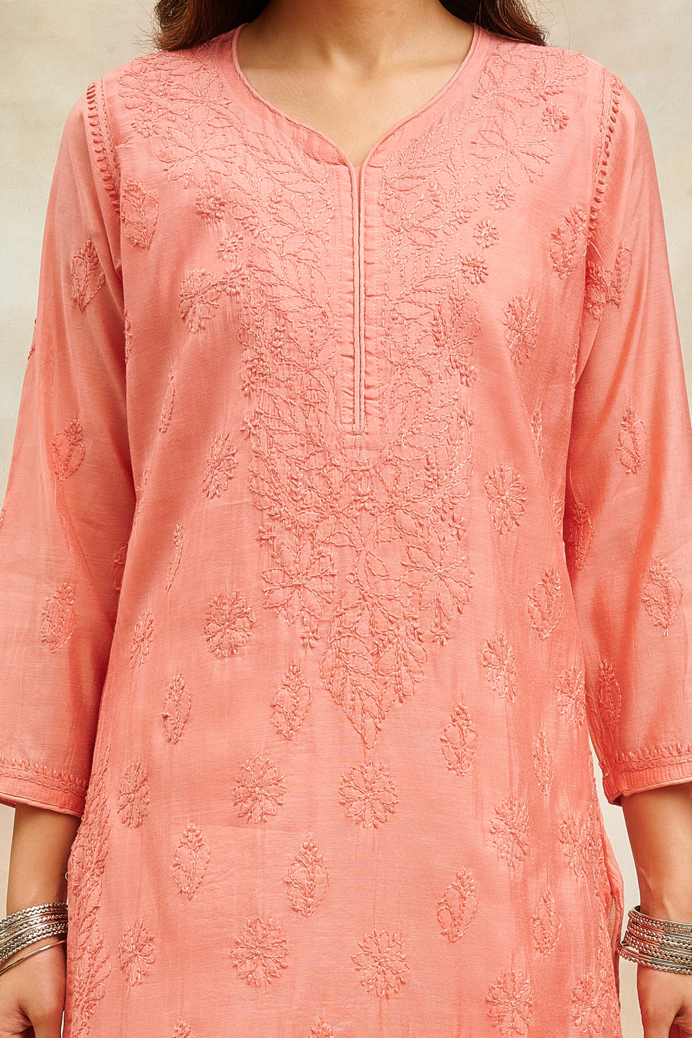 Rust Chikankari Chanderi Silk Designer Kurta with Slip