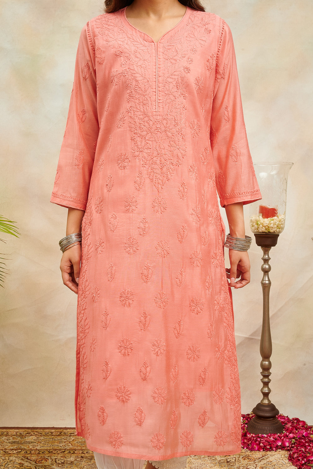 Rust Chikankari Chanderi Silk Designer Kurta with Slip