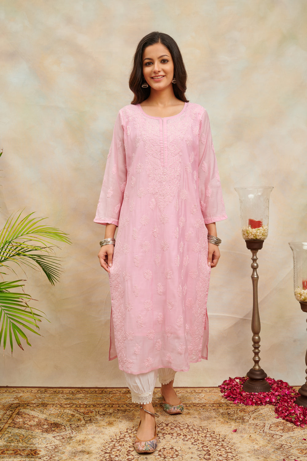 Pink Chikankari Chanderi Silk Kurta