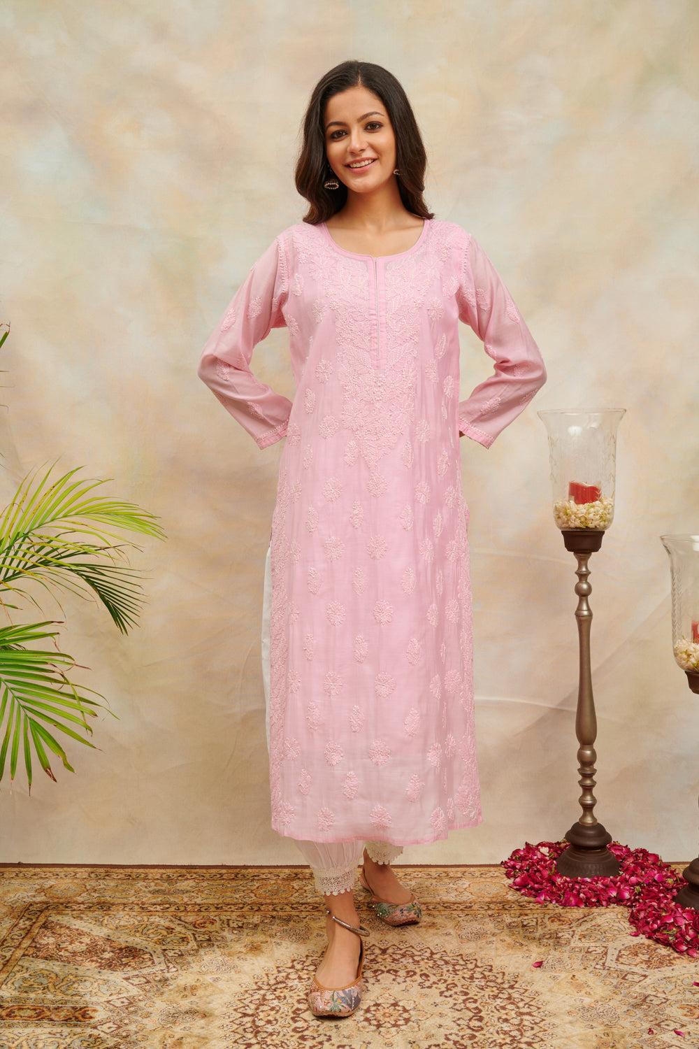 Pink Chikankari Chanderi Silk Kurta