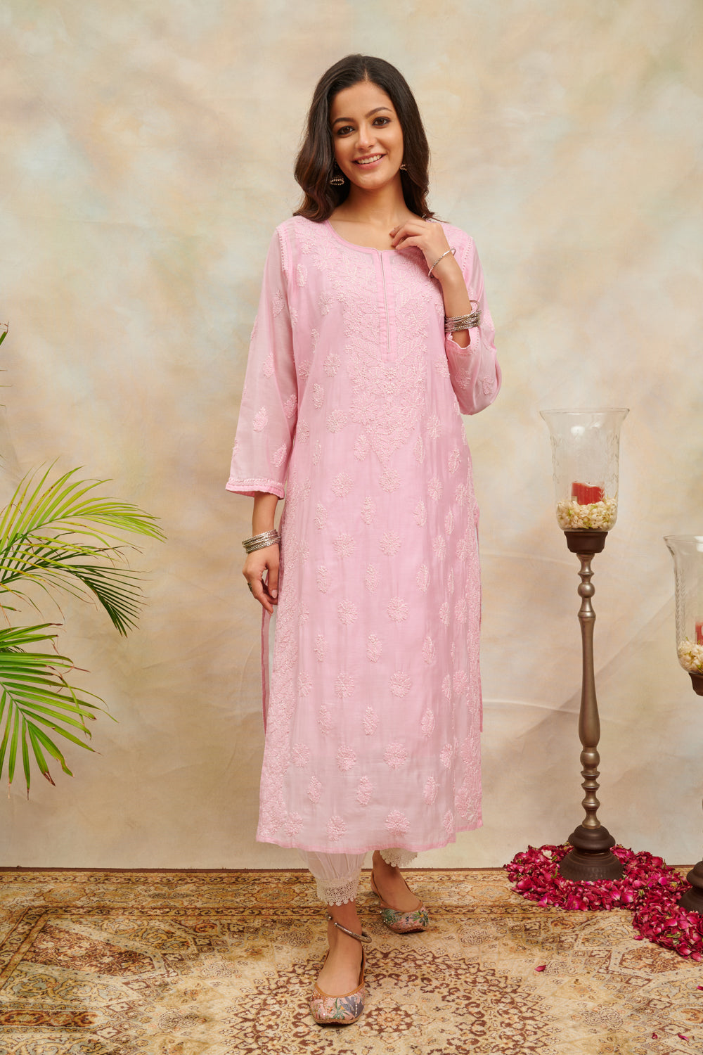 Pink Chikankari Chanderi Silk Kurta