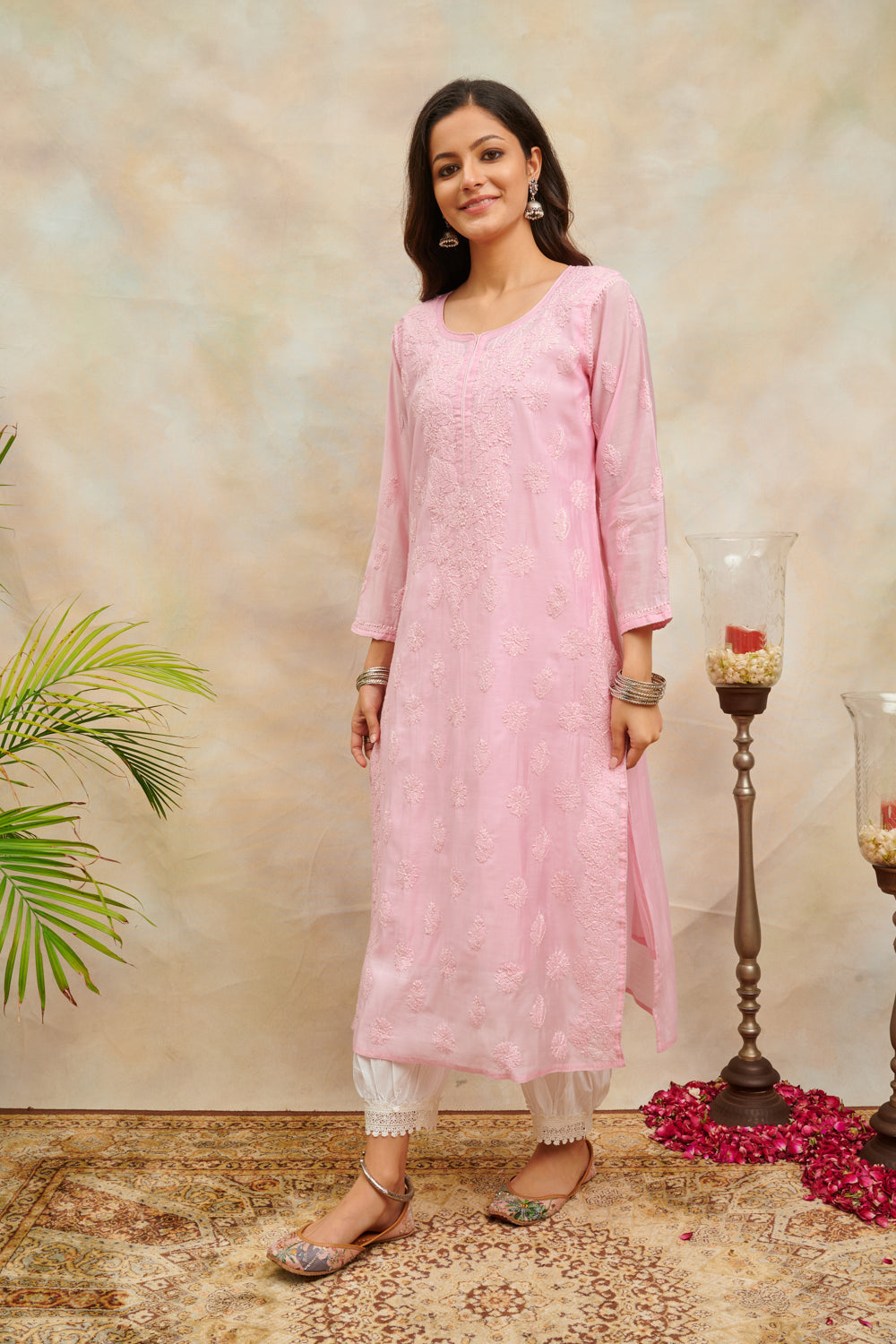 Pink Chikankari Chanderi Silk Kurta