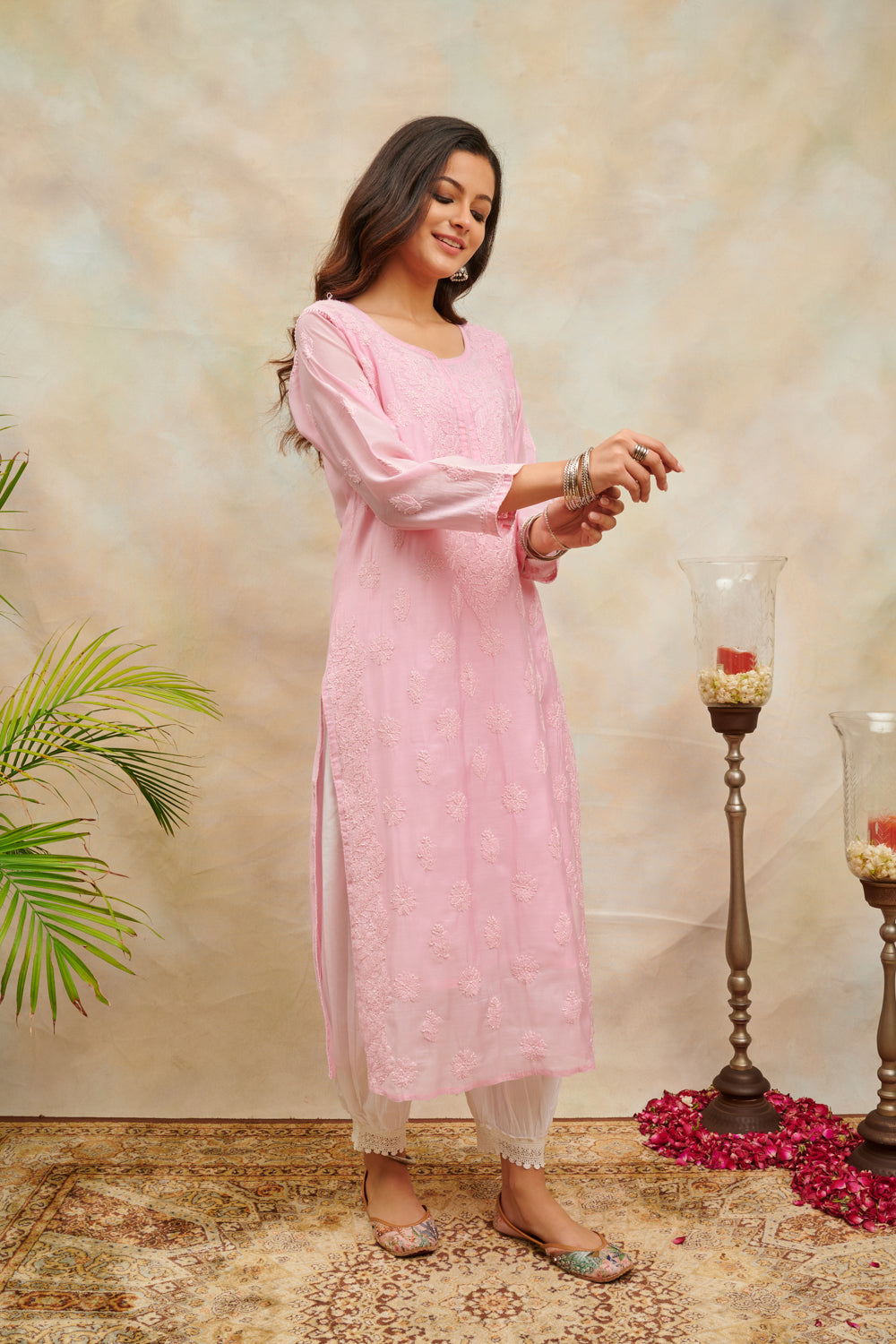 Pink Chikankari Chanderi Silk Kurta