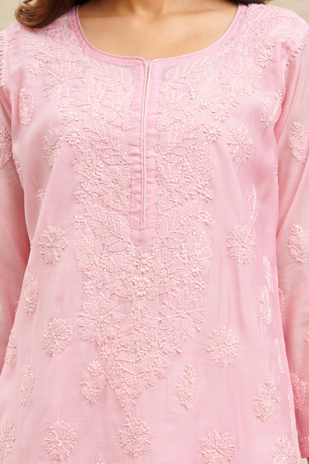 Pink Chikankari Chanderi Silk Kurta