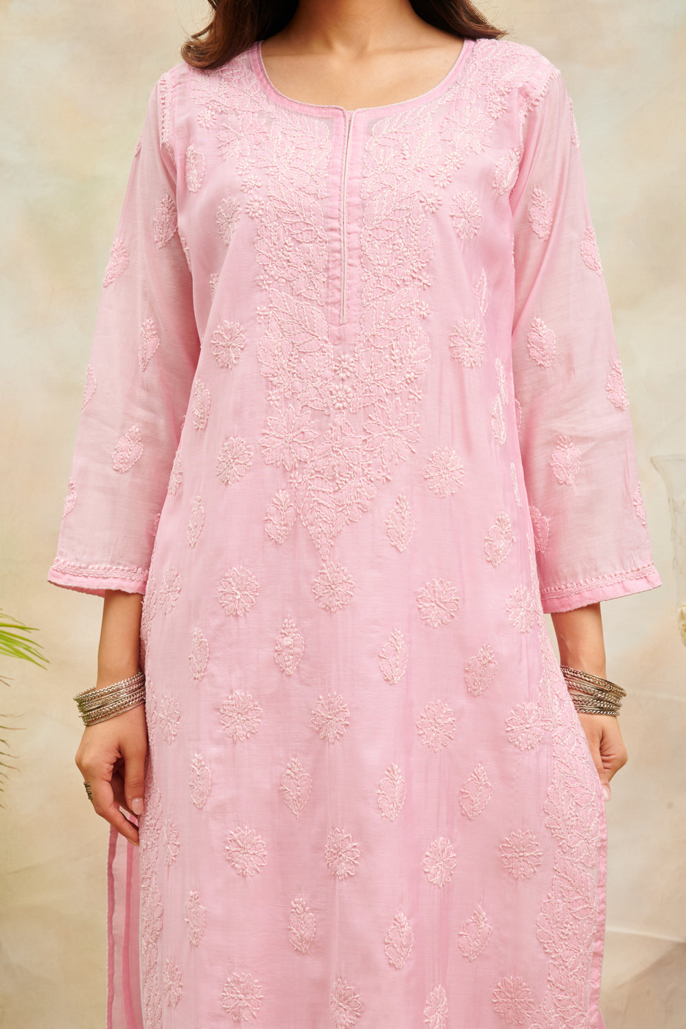 Pink Chikankari Chanderi Silk Kurta