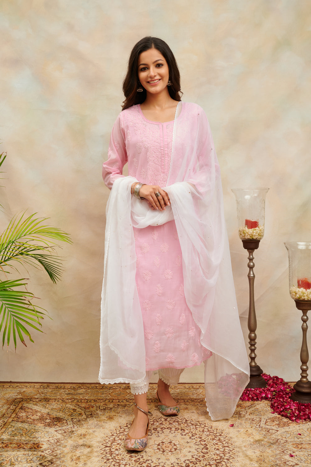 Pink Chikankari Chanderi Silk Kurta