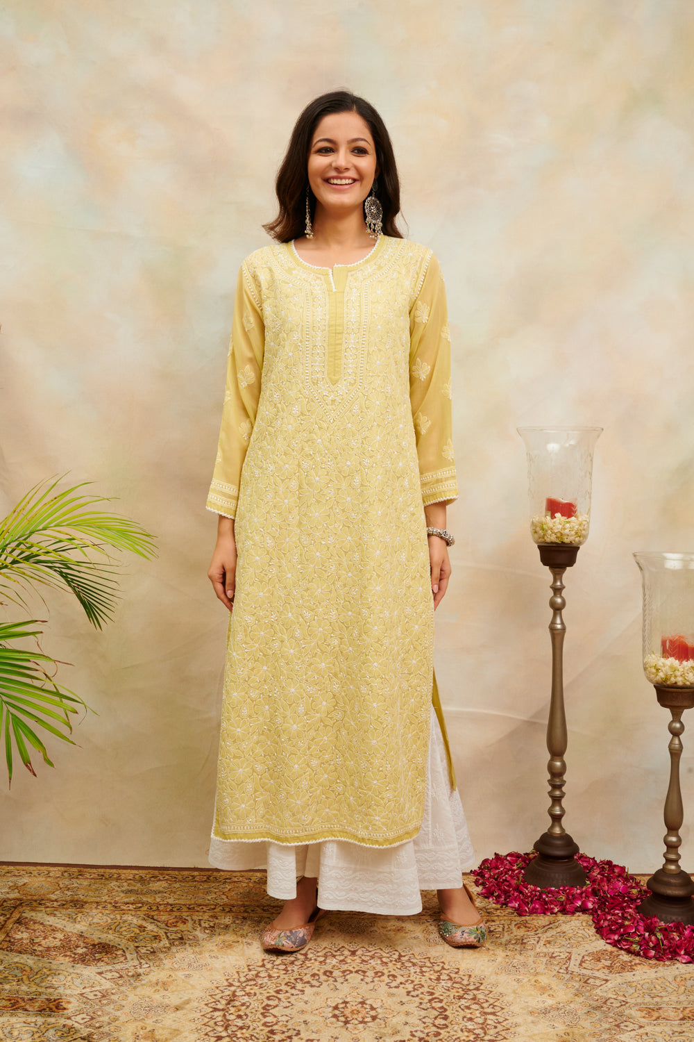 Olive Green Chikankari Mul Cotton Designer Kurta