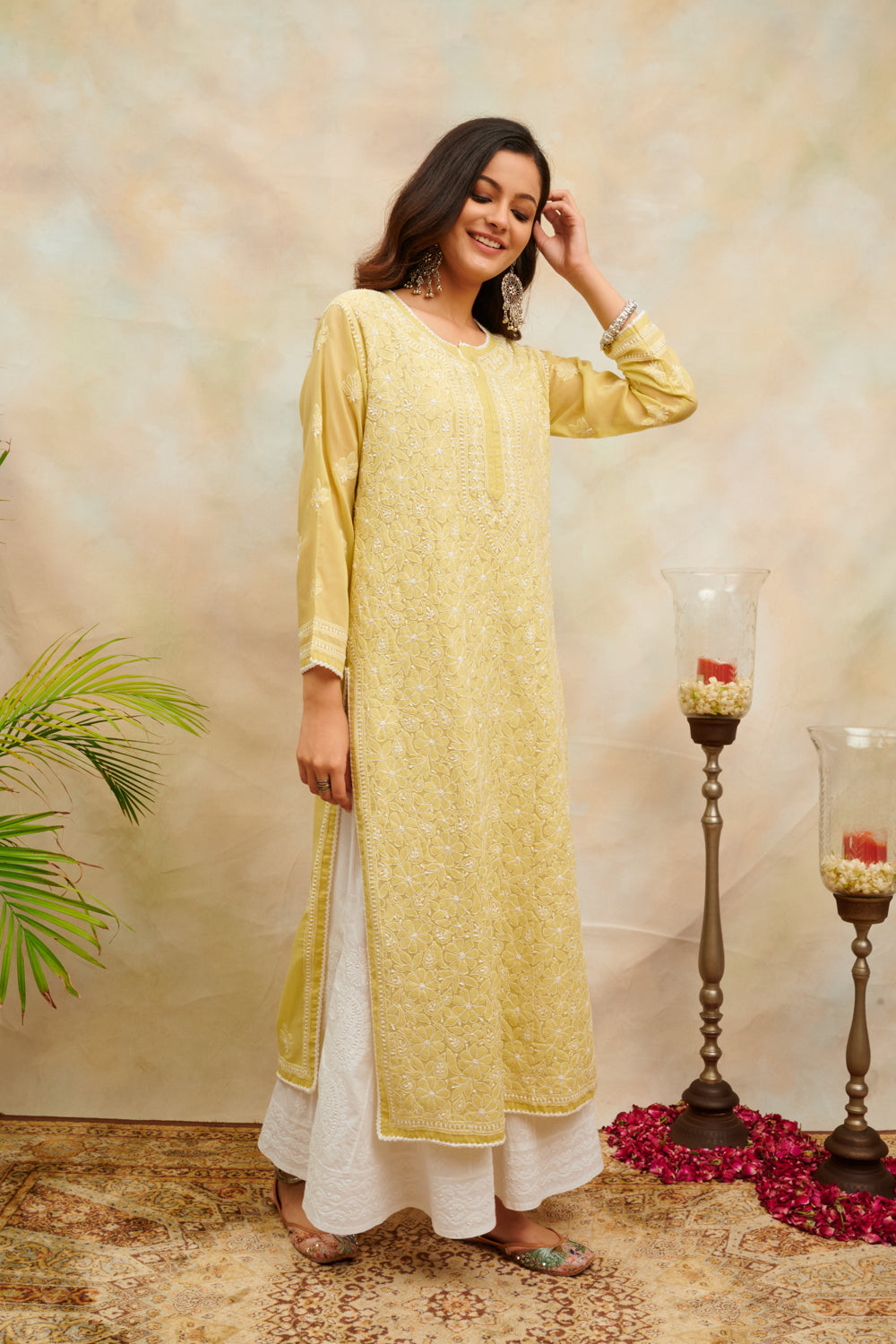 Olive Green Chikankari Mul Cotton Designer Kurta