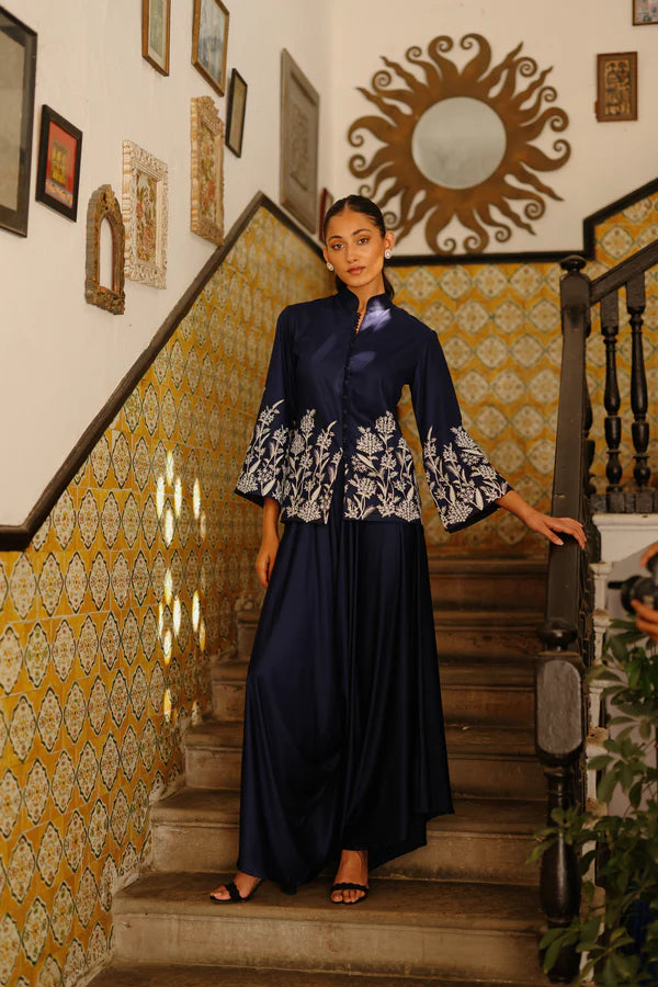 NAVY BLUE EMBROIDERED COAT WITH ASYMMETRICAL PANTS- II