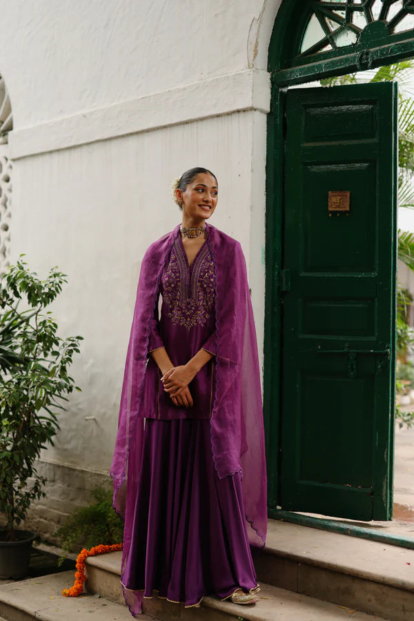 Wine Hand Embroidered Sharara Set- II