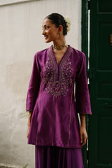 Wine Hand Embroidered Sharara Set- II
