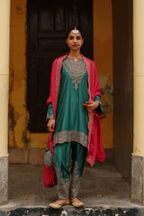 BOTTLE GREEN EMBROIDERED SET WITH CONTRAST DUPATTA- II