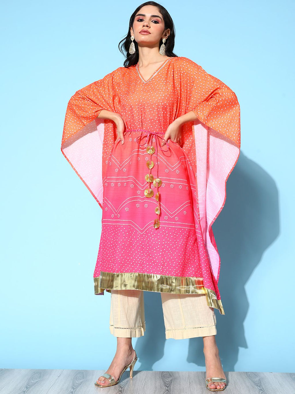 Orange Pure Cotton Blend Printed Kaftan Kurta-AH