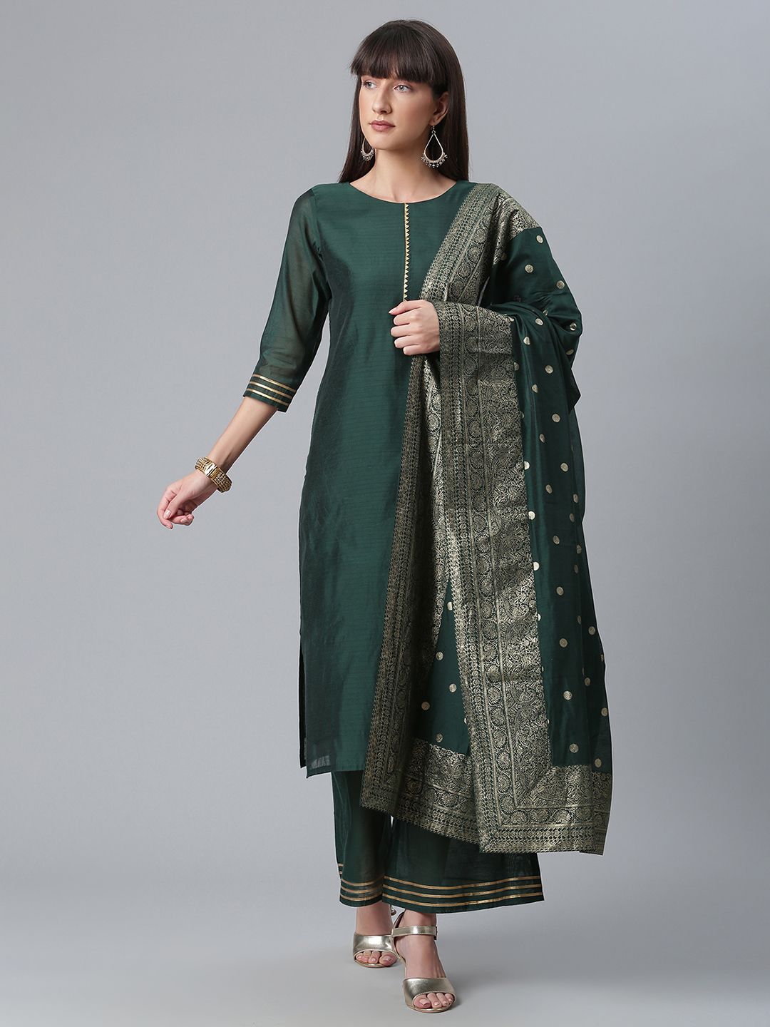 Dark Green Chanderi Solid Kurta With Palazzo And Dupatta Set