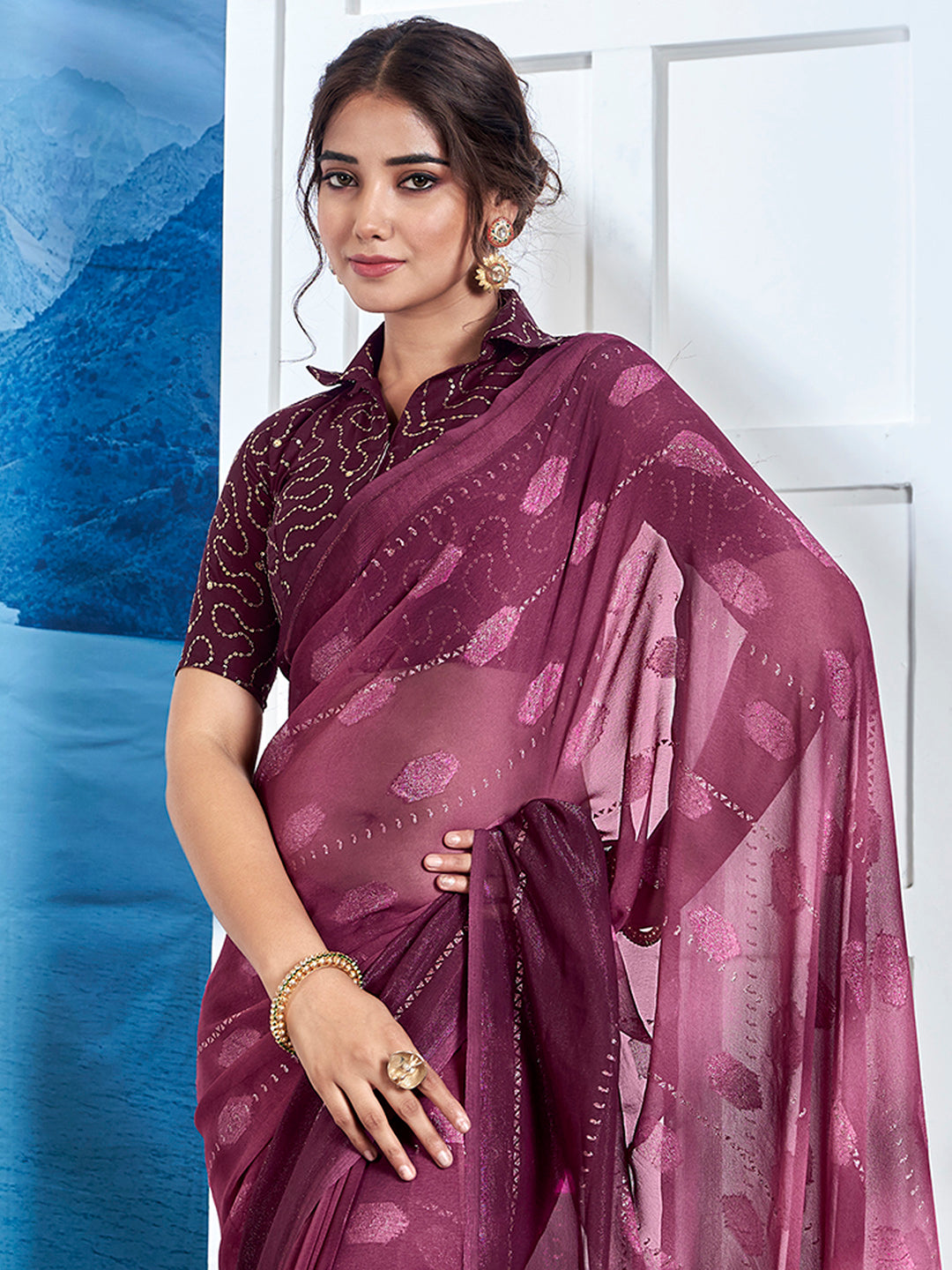 Georgette Purple Printed Designer Saree With Blouse