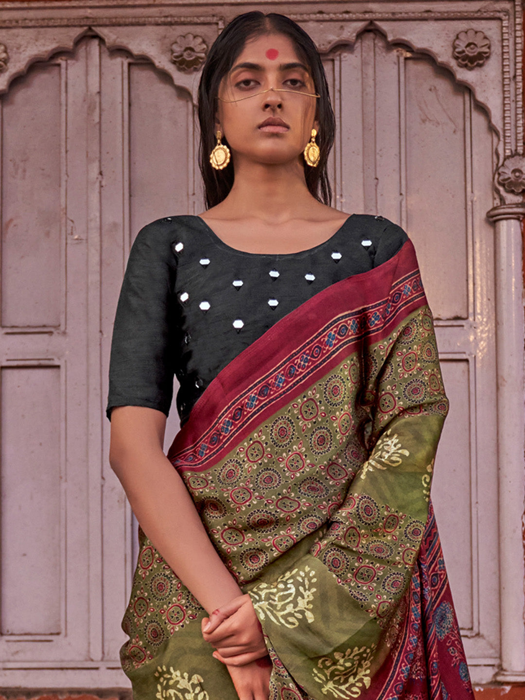 Viscose Silk Olive Printed Celebrity Saree With Blouse