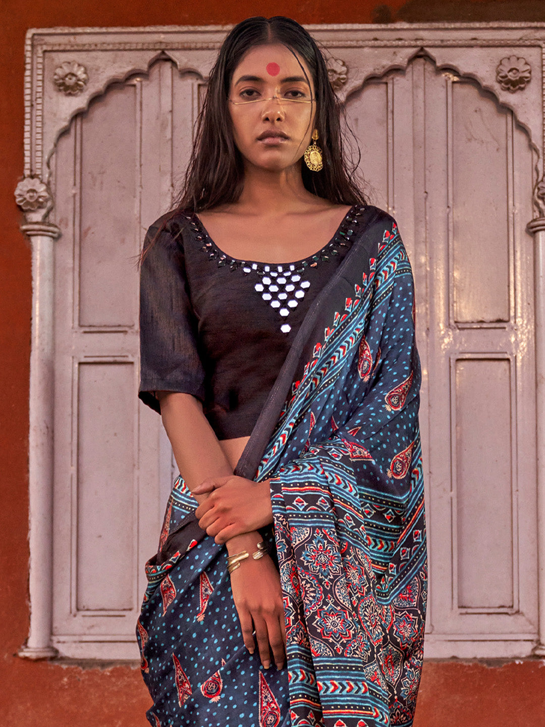 Viscose Silk Navy Blue Printed Celebrity Saree With Blouse