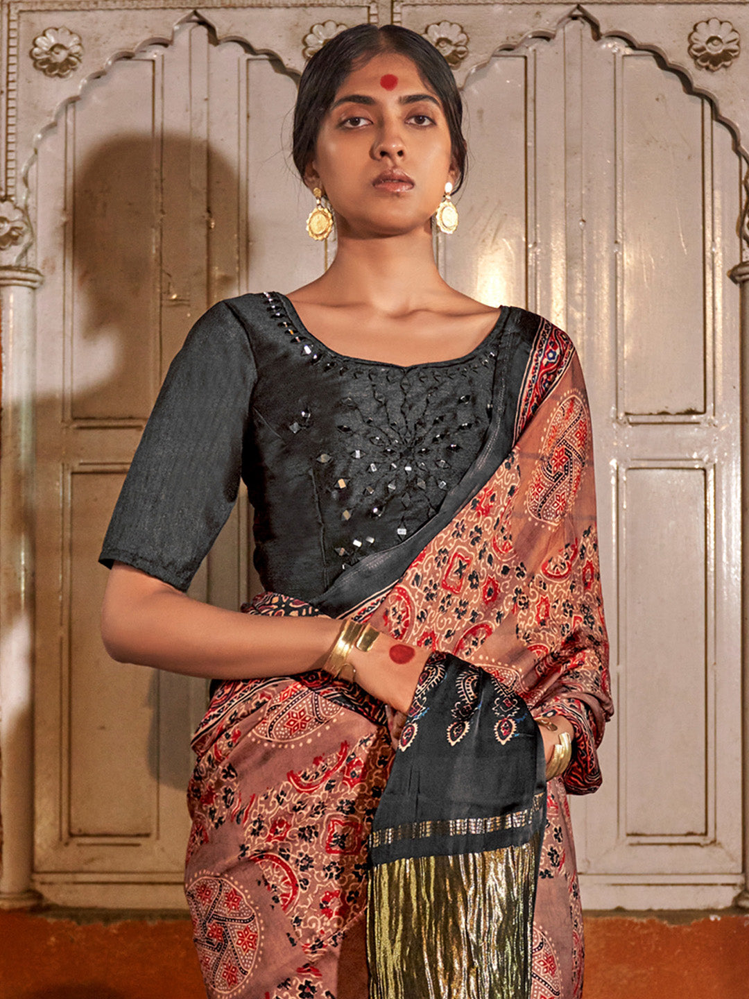 Viscose Silk Brown Printed Celebrity Saree With Blouse