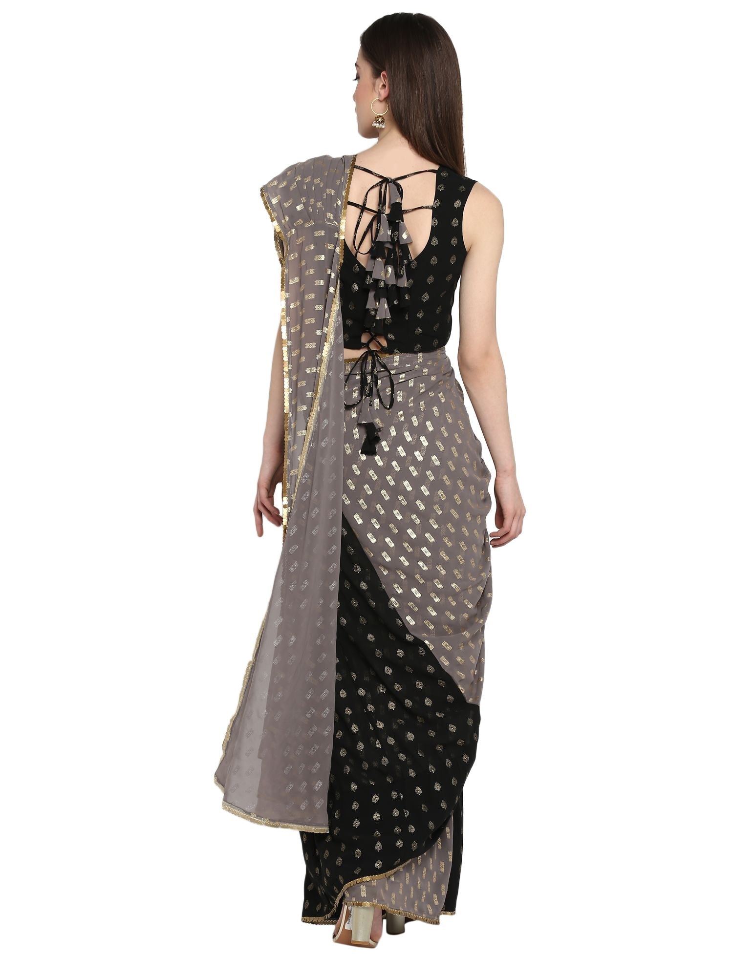 Black Georgette Foil Print Ready to Wear Saree