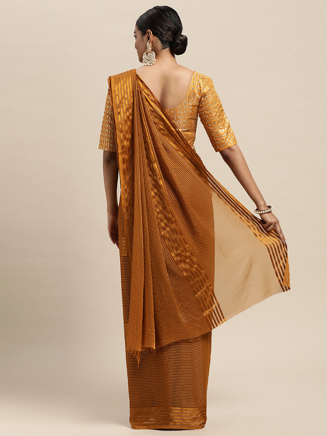 Georgette Mustard Solid BeltedSarees With Blouse Piece