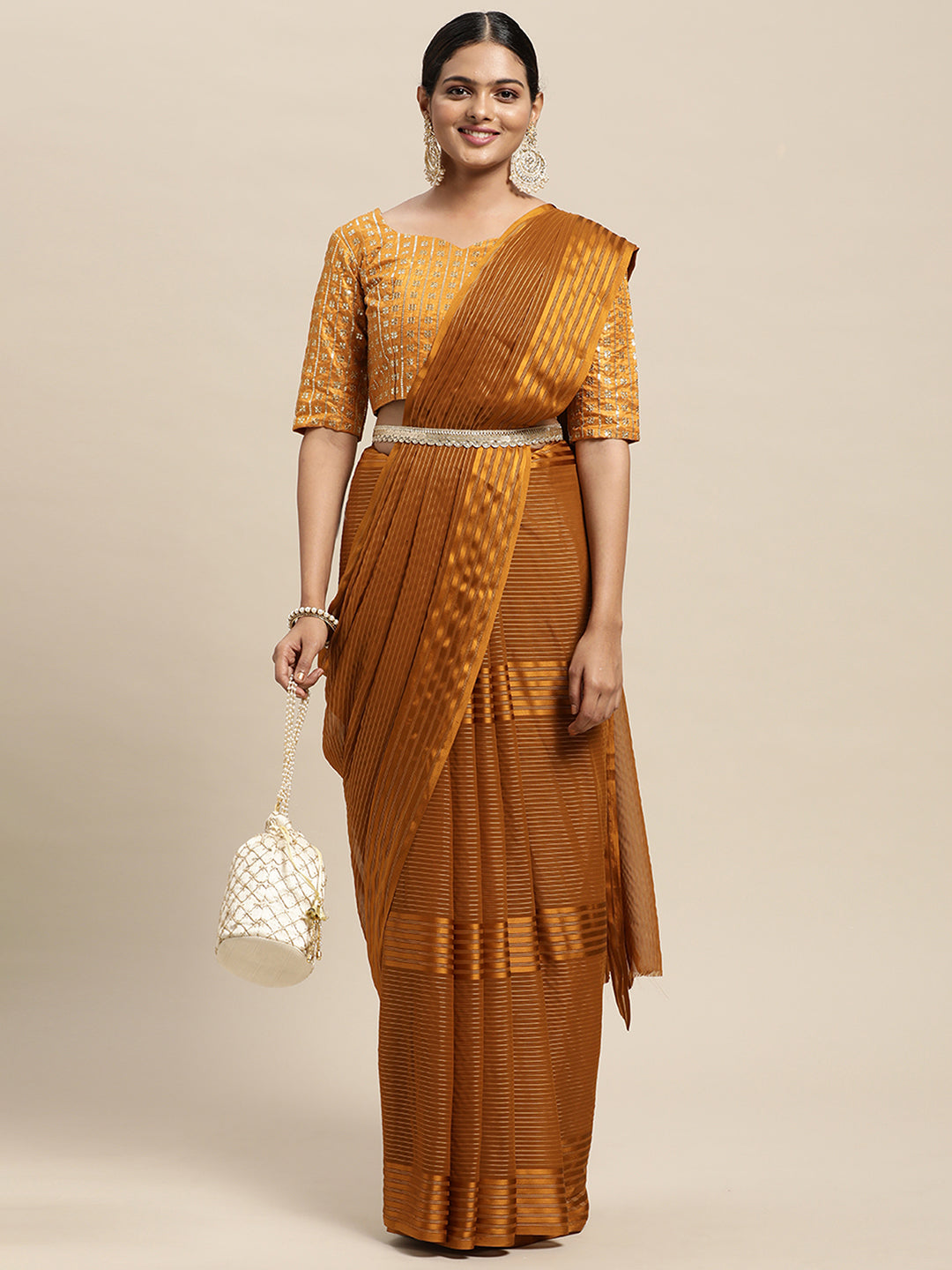 Georgette Mustard Solid BeltedSarees With Blouse Piece