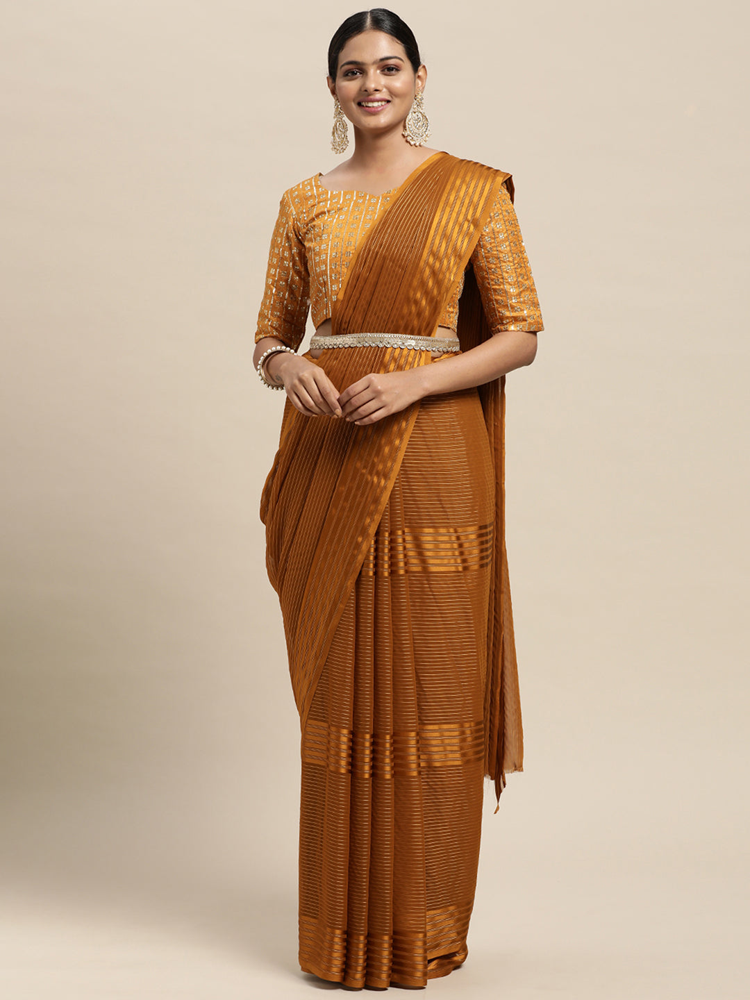 Georgette Mustard Solid BeltedSarees With Blouse Piece