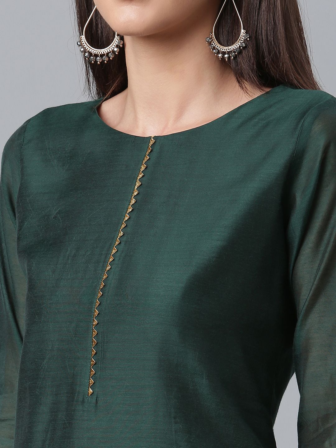 Dark Green Chanderi Solid Kurta With Palazzo And Dupatta Set