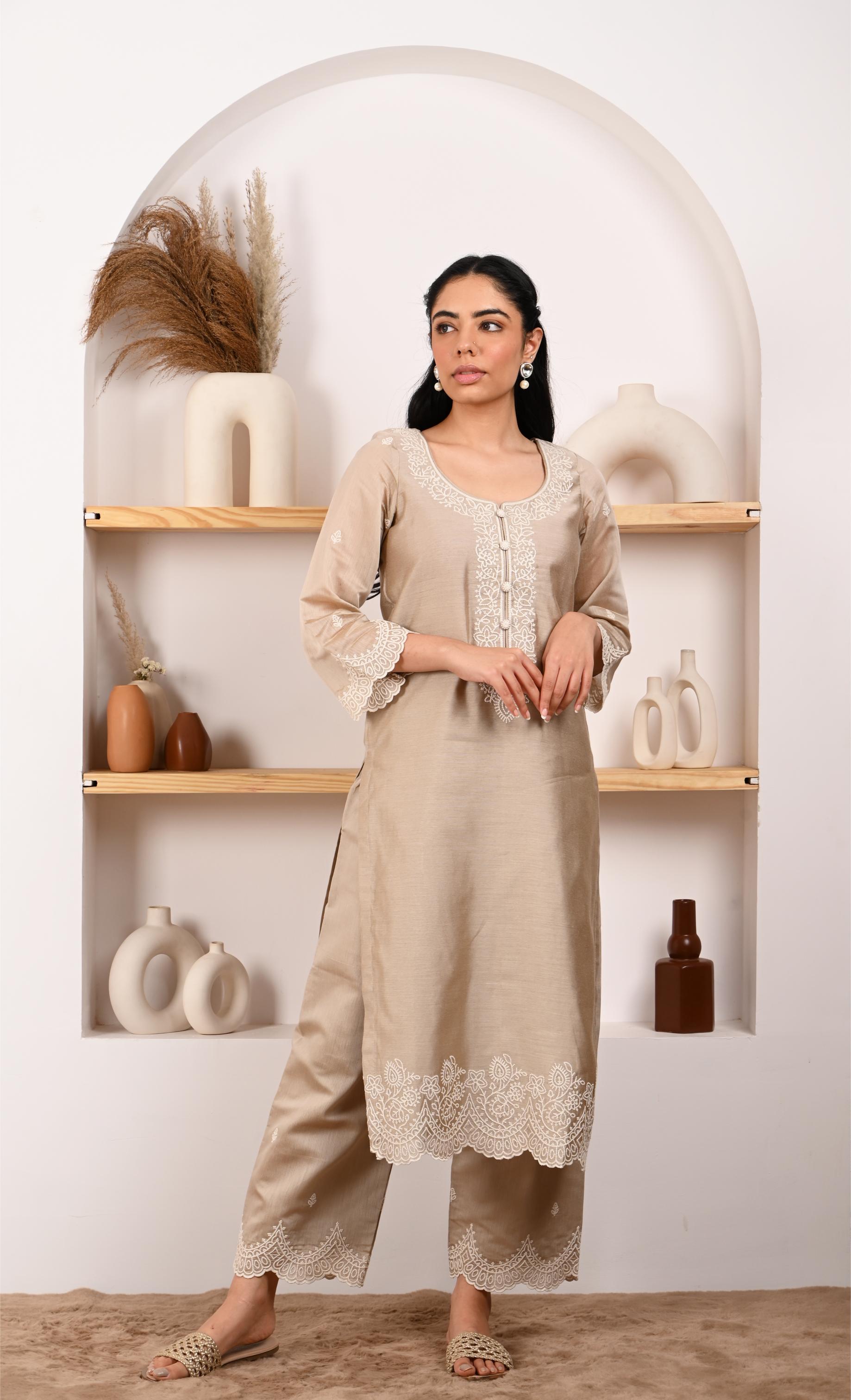 Hazel Beige Chanderi Suit Set- NV